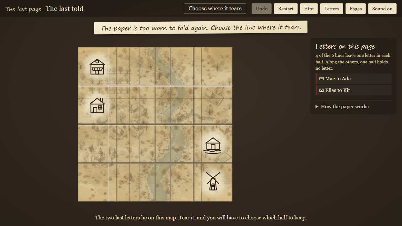 The last page: the winter map with a tear line chosen and a label saying what each half keeps.