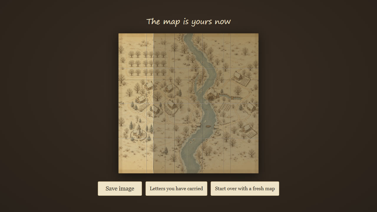 The ending: the map you kept, drawn with the creases you made and the tear, with Save image, Letters you have carried and Start over buttons.