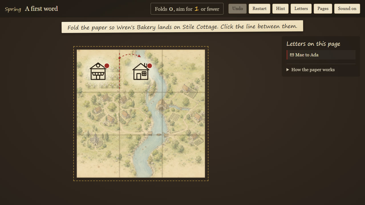 Goal: fold the paper so Wren's Bakery lands on Stile Cottage. The red dots mark the two houses.