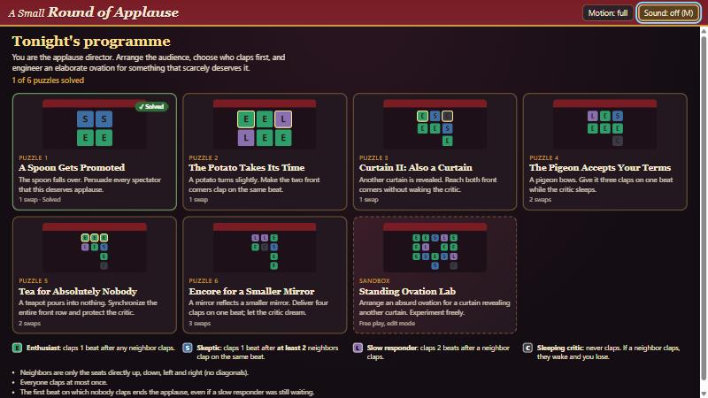 The programme screen listing six puzzles and the sandbox, with the legend explaining the four spectator types and three rules.