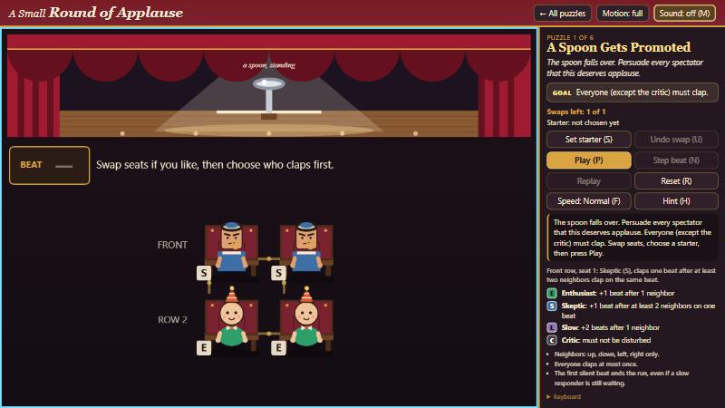 Puzzle 1, A Spoon Gets Promoted, before any move: a stage with a standing spoon and a two by two audience of two skeptics and two enthusiasts.