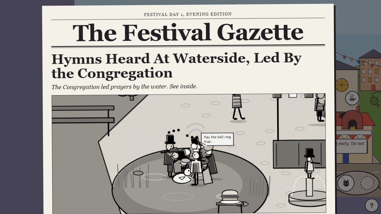 The Festival Gazette: the evening paper with a headline about hymns at the waterside and an animated halftone photograph of the congregation at the pond.