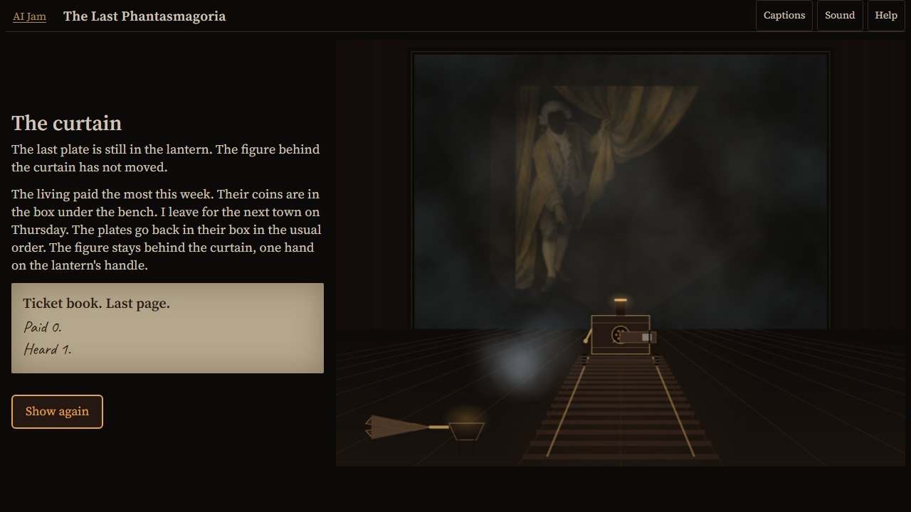 The ending screen: closing text, a ticket-paper page reading Paid 0 and Heard 1, and the figure behind the curtain on the smoke screen.