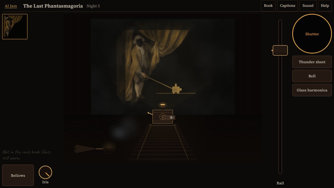 The last night's reveal: a man in eighteenth-century dress stands behind a half-drawn curtain with a long handle running from his hand to a small lantern, while the shutter button is held shut.