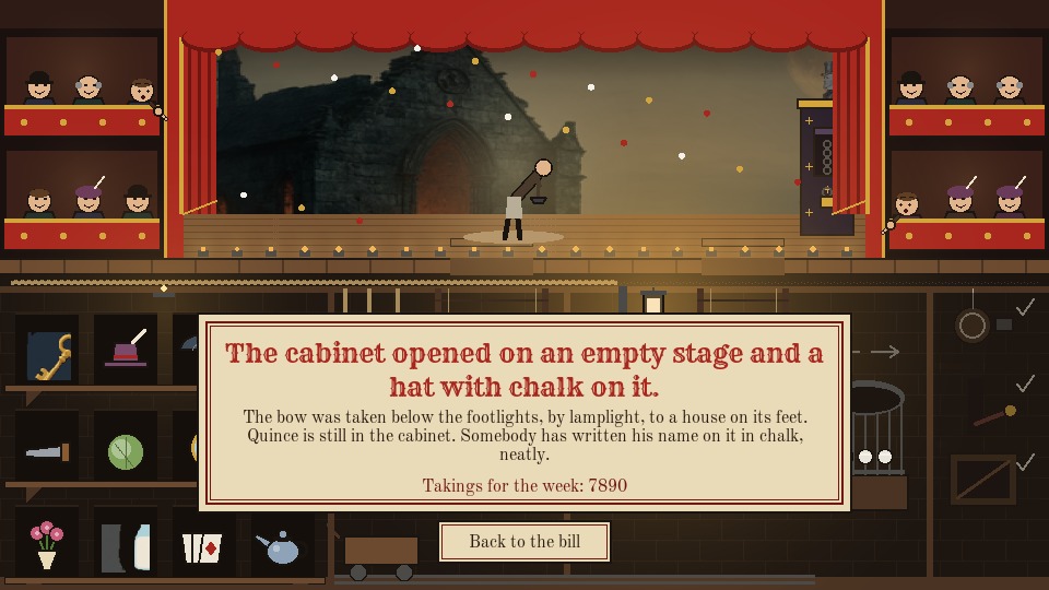 The ending card for the stagehand's ending: the unseen stagehand takes a bow on an empty stage while Quince stays sealed in the vanishing cabinet.