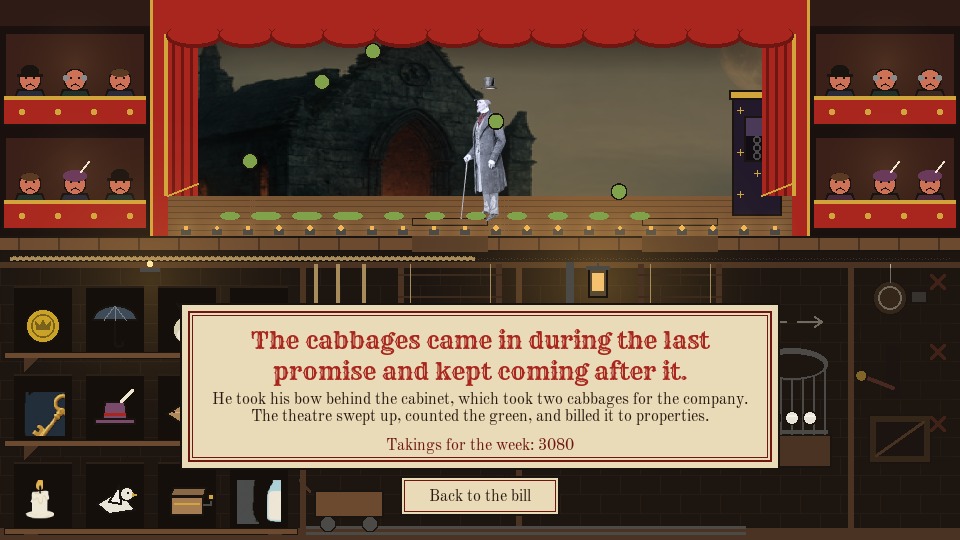 The ending card for the cabbage ending: Quince stands with his arms raised in a rain of cabbages while the audience scowls.