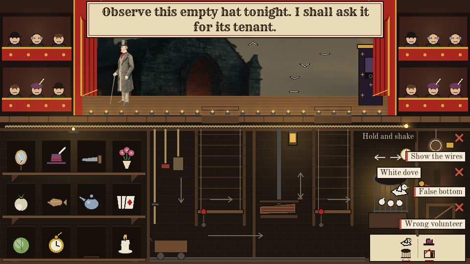 Mid-shake at the bird cage on the cellar's right side, its Hold and shake label lit and doves already rising past Quince on the stage above while he announces the empty hat.