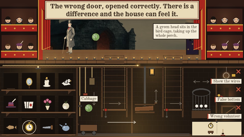 A cabbage has gone up the rope instead of the right thing, it hangs on the stage beside Quince, a slip reads A green head sits in the bird cage, taking up the whole perch, and his bill now reads an ad-lib about the wrong door.