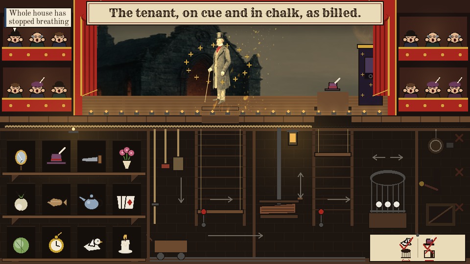 Quince stands in a shower of gold sparks with the hat risen through the right trapdoor, his bill reads The tenant, on cue and in chalk, as billed, and a crowd scrap in the top-left box says Whole house has stopped breathing.