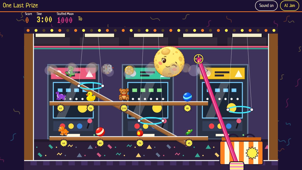 The top wooden shelf falls diagonally across the counter in a cloud of dust. The green dinosaur, robot, glitter ball and enormous moon are tumbling below their former shelf positions. The stretched pink hand reaches toward the empty top-right bracket area.