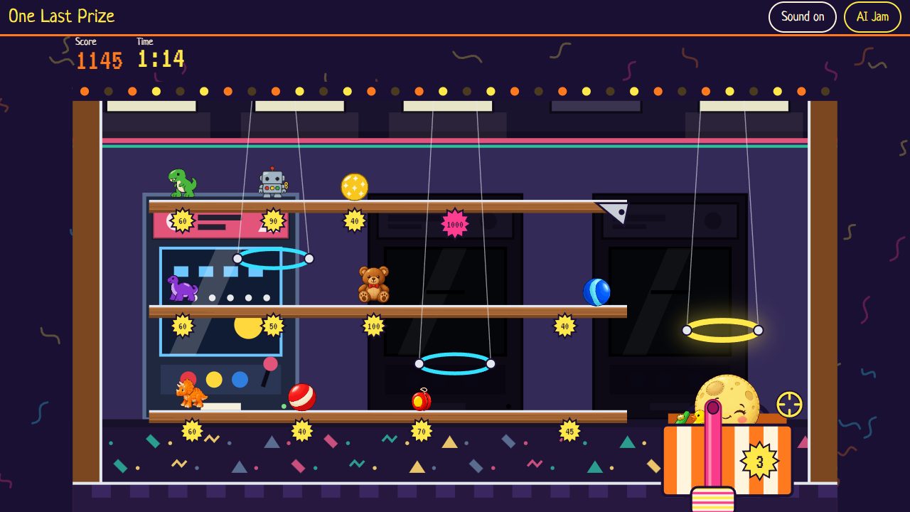 The middle and right arcade cabinets have black screens while the left cabinet remains lit. The HUD reads score 1145 and time 1:14. The moon, duck and kazoo are visible in the shopping bag.