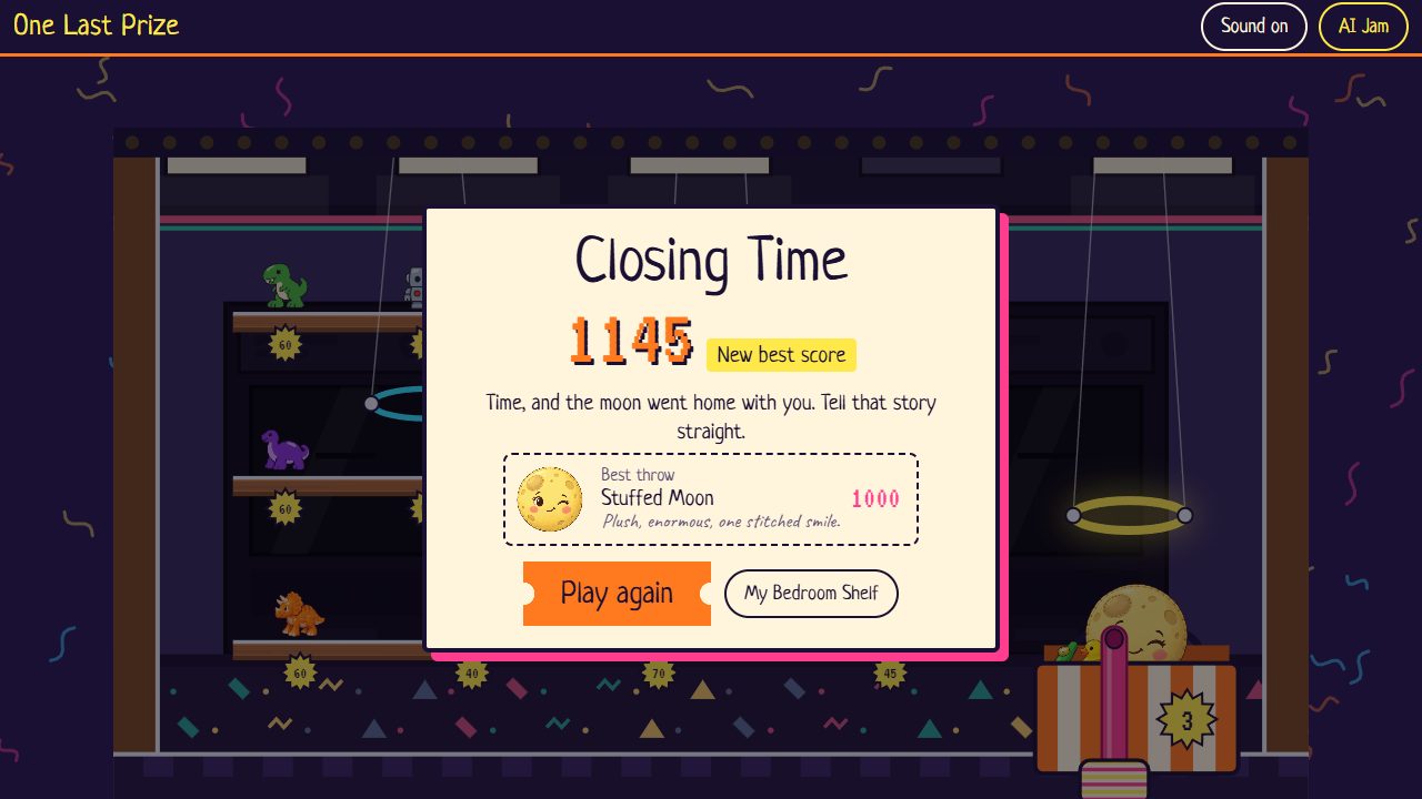 A cream Closing Time card sits over the dim counter. It shows 1145, New best score, and a best throw card for Stuffed Moon worth 1000. Play again and My Bedroom Shelf buttons appear below.