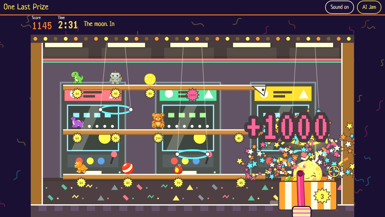 The smiling stuffed moon peeks out of the striped bag under a large pink +1000. Multicolored stars and ticket-shaped confetti fill the right side of the counter. The bag count is 3, the score is 1145 and the timer reads 2:31.