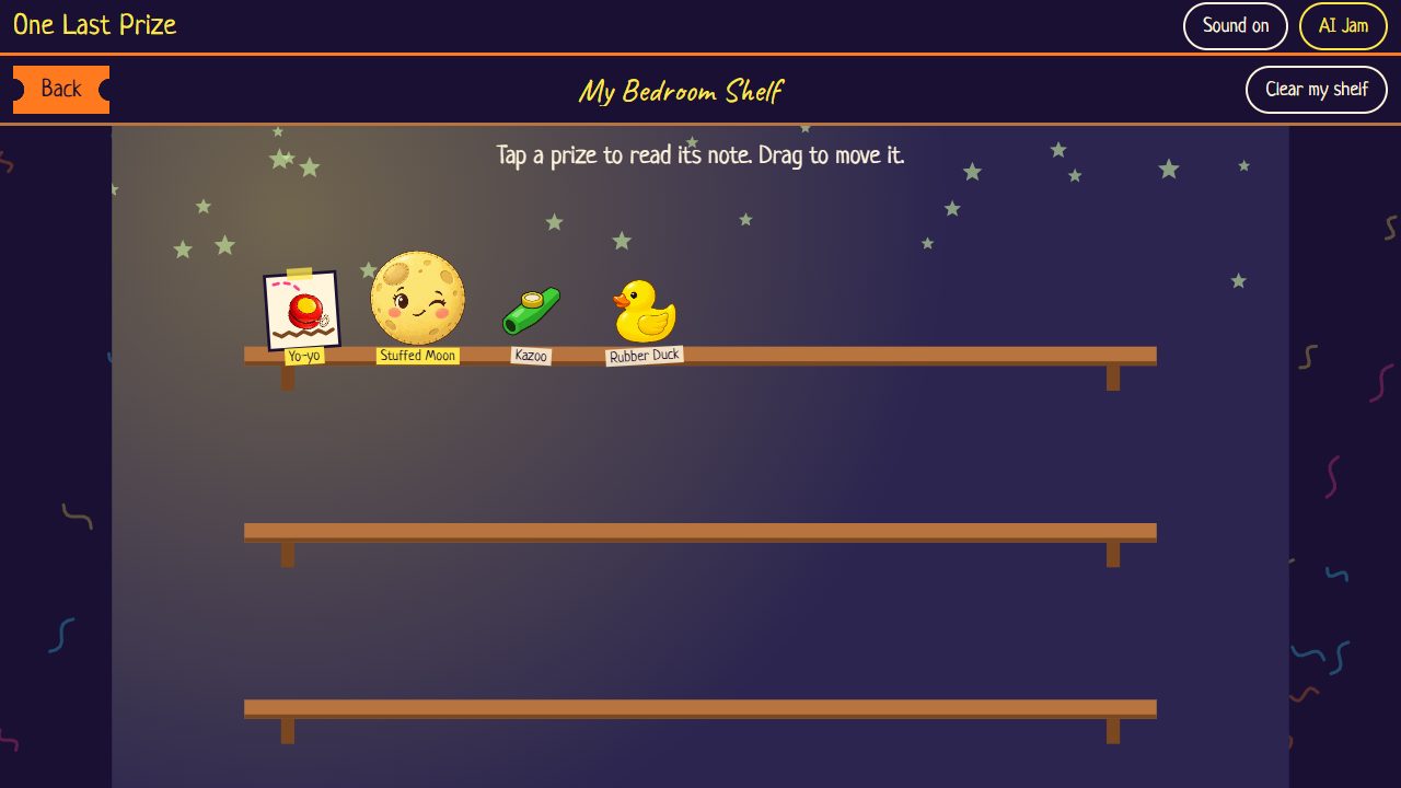 A purple bedroom wall with star stickers surrounds three wooden shelves. The top shelf holds a taped drawing of a fallen yo-yo, the stuffed moon, a green kazoo and a yellow duck, each with a handwritten label. Back and Clear my shelf controls remain visible.