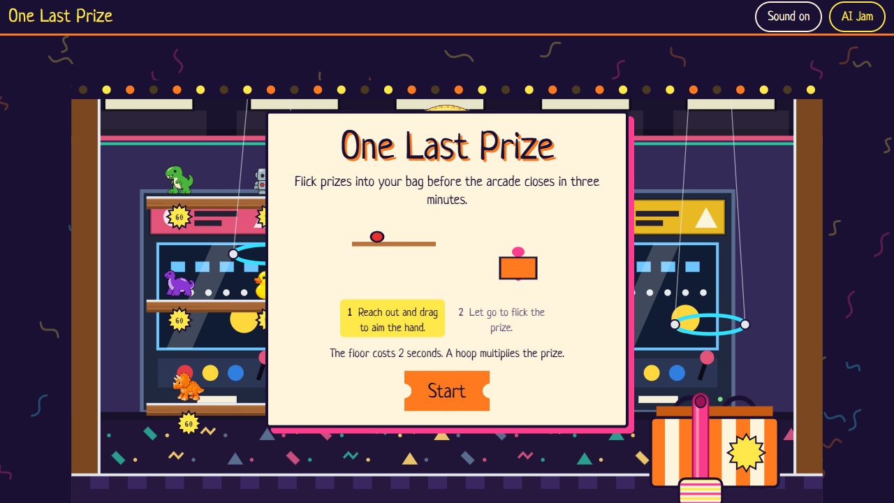 A cream One Last Prize title card overlays the colorful prize counter. It contains the three-minute goal, a small hand-and-bag sketch, two control steps, the floor and hoop rule, and an orange Start button. The header includes Sound on and AI Jam.