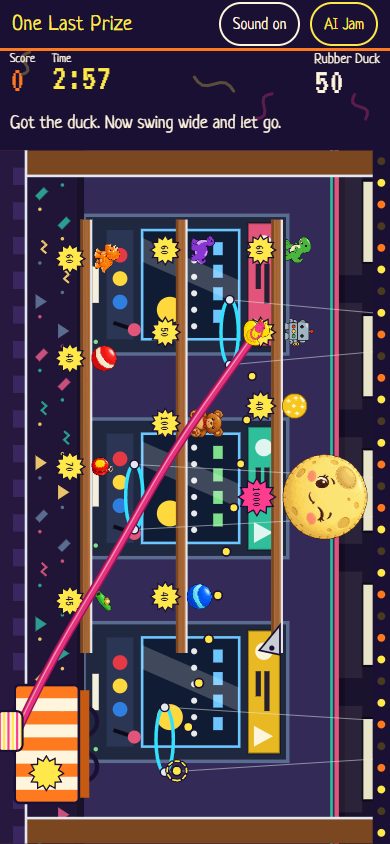 A tall phone view keeps the score, 2:57 clock and duck message upright above a prize counter rotated clockwise. The pink hand holds the yellow duck; aiming dots descend toward the hoop and striped bag. The moon, shelves and other prizes fill the rotated stage.