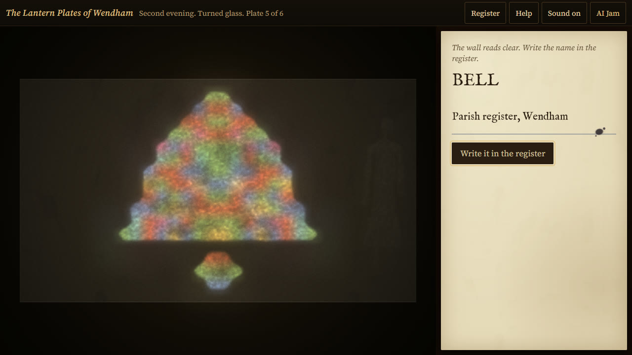 A bell-shaped light in many soft colours on the dark wall. A very faint standing figure can just be seen at the right edge of the wall. The panel reads BELL.