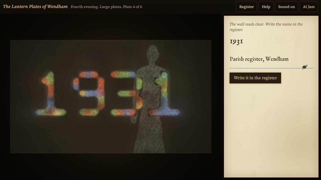 The year 1931 in coloured light, with a grey standing figure in the middle of the wall that covers part of the last two digits.