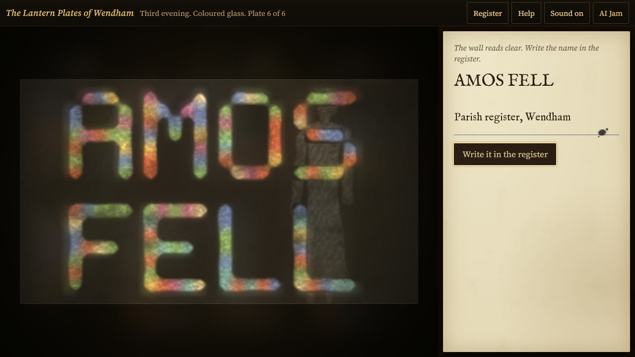 The words AMOS FELL in two lines, each letter streaked with red, green and blue light, with a grey standing figure stepping between the letters of the first line and the second.
