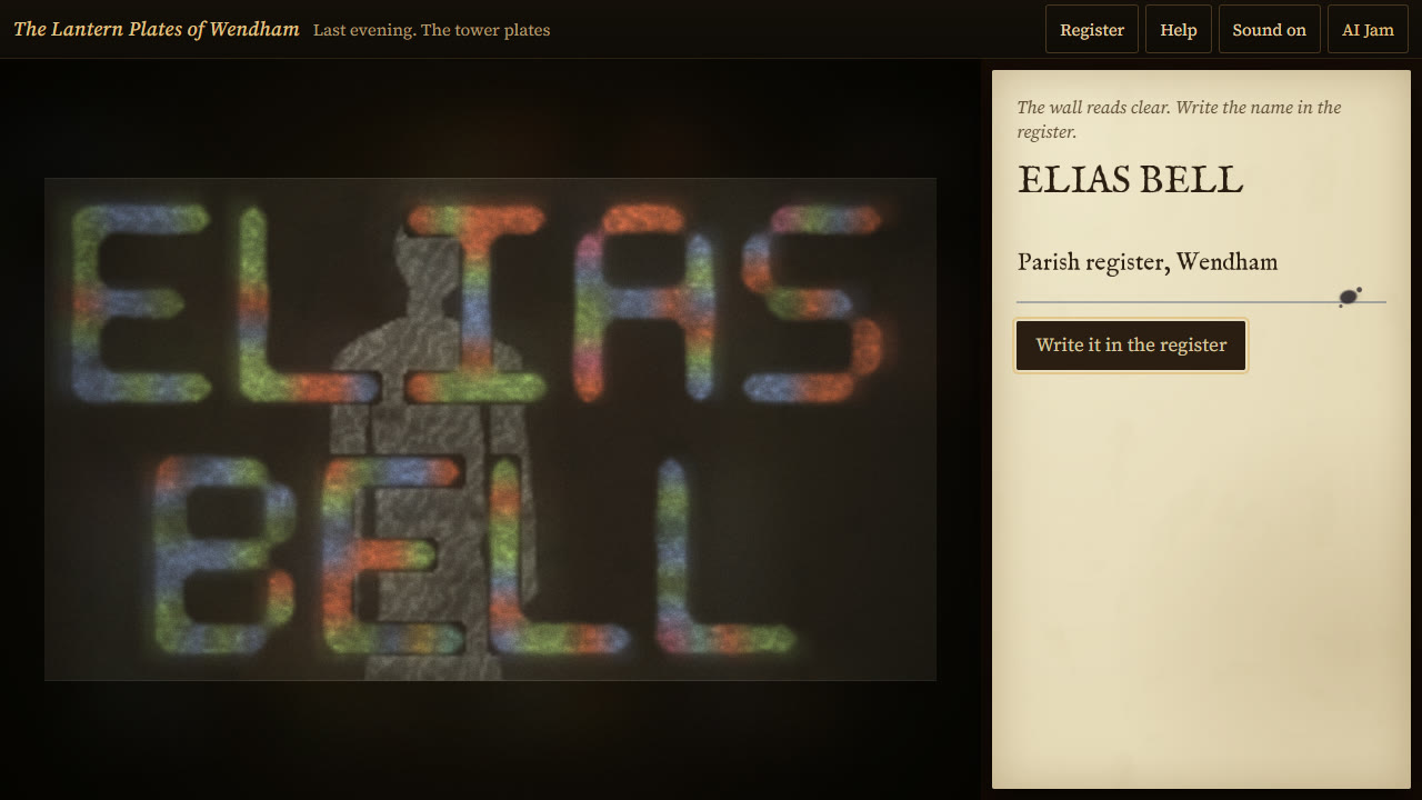 The name ELIAS BELL in two lines of multi-coloured light with a large grey figure standing in front of the letters at the centre of the wall.