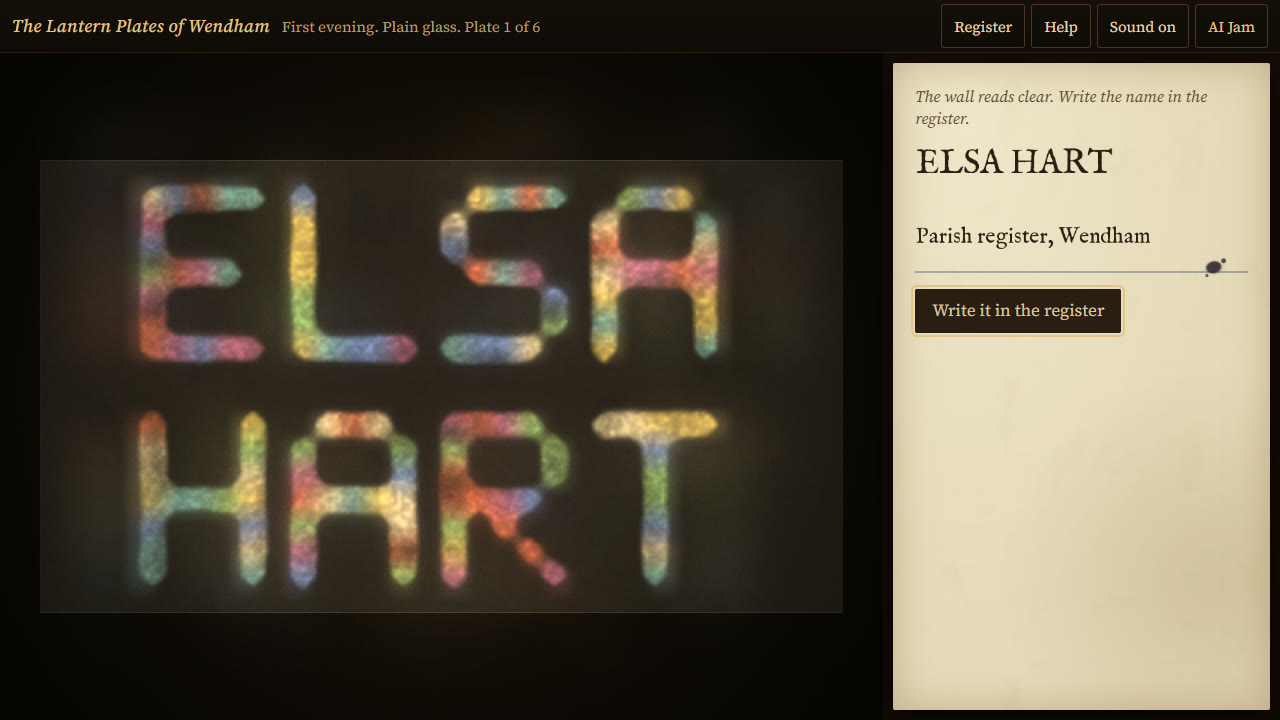 A two-line name in a chunky pixel typeface, glowing warm white on the dark wall, with a paper panel beside it asking the player to write it in the register.