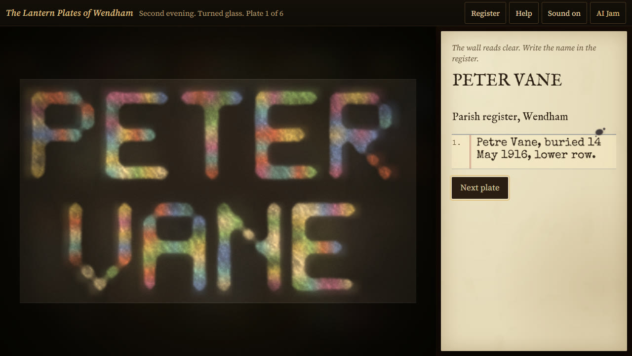 The wall shows PETER VANE in rainbow-streaked letters. In the paper panel the register line reads Petre Vane, buried 14 May 1916, lower row: one letter has moved.