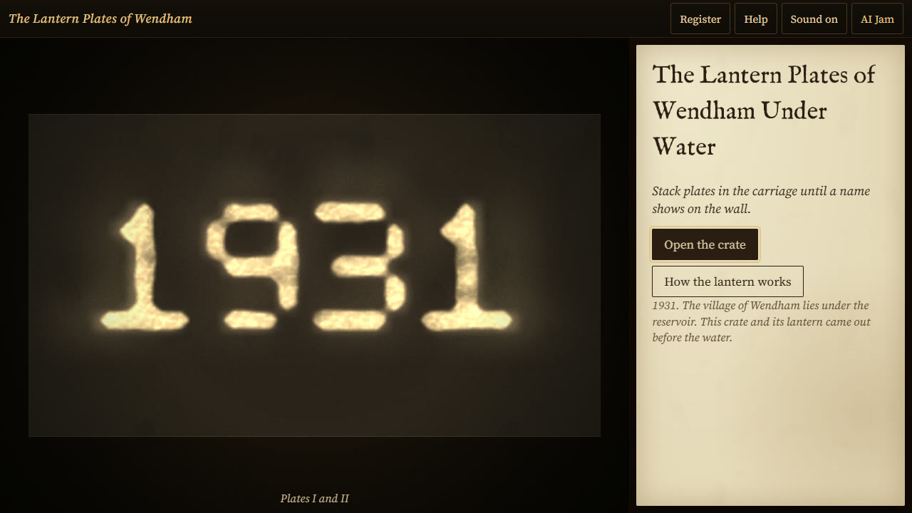 The title screen: a paper card with the game's name, one line of goal, and the buttons Open the crate and How the lantern works. On the wall a looping demonstration shows the year 1931 lit through two plates, captioned Plates I and II.