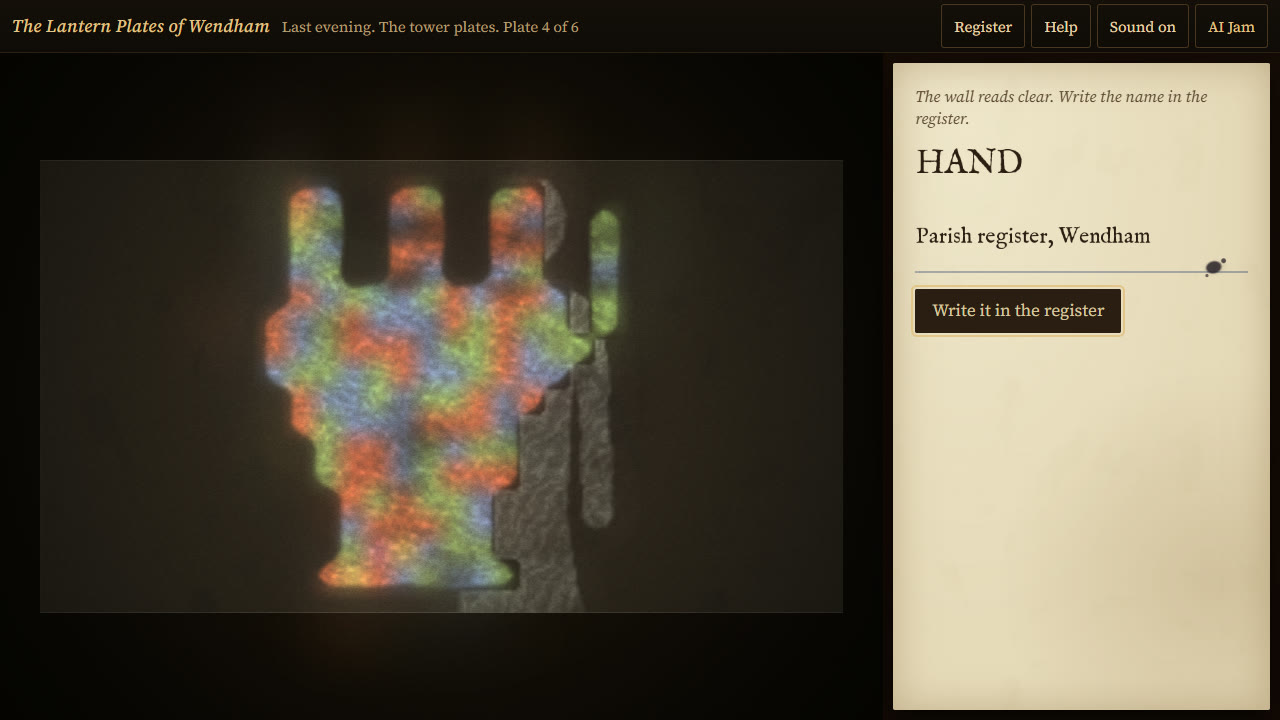 The outline of a hand lit in patches of red, green, blue and yellow on a dark wall, as if through stained glass, with a grey standing figure beside it on the dark glass. A paper panel on the right reads HAND and has a button, Write it in the register.