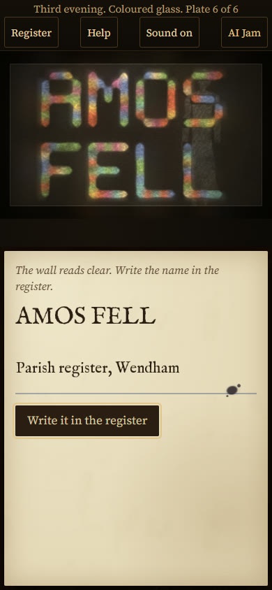 A phone-sized screen: the wall with AMOS FELL in coloured light on top and a paper panel below with a Write it in the register button.