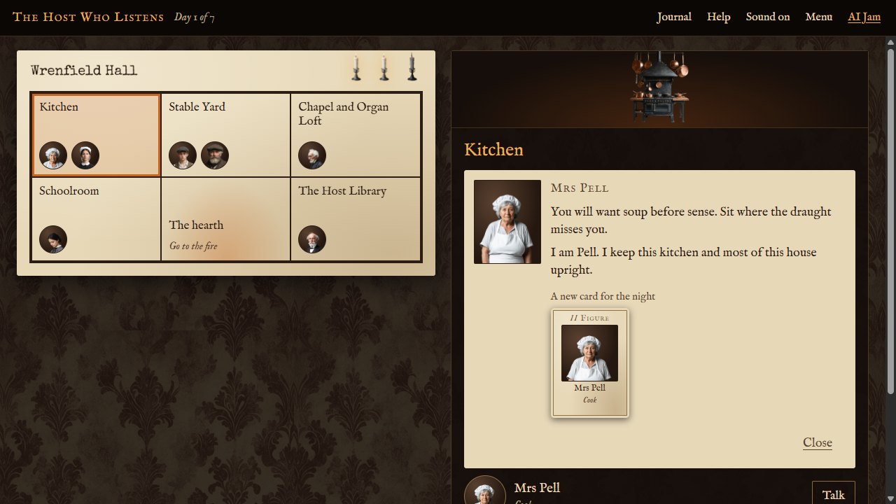 By day: an ink plan of Wrenfield Hall with faces in the rooms, and a paper panel where Mrs Pell, the cook, speaks and a new card with her portrait is offered for the night.