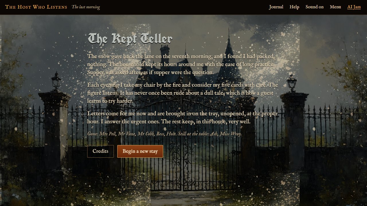 One of the four endings, The Kept Teller, written over the gates of the hall in the snow, with Credits and Begin a new stay buttons.
