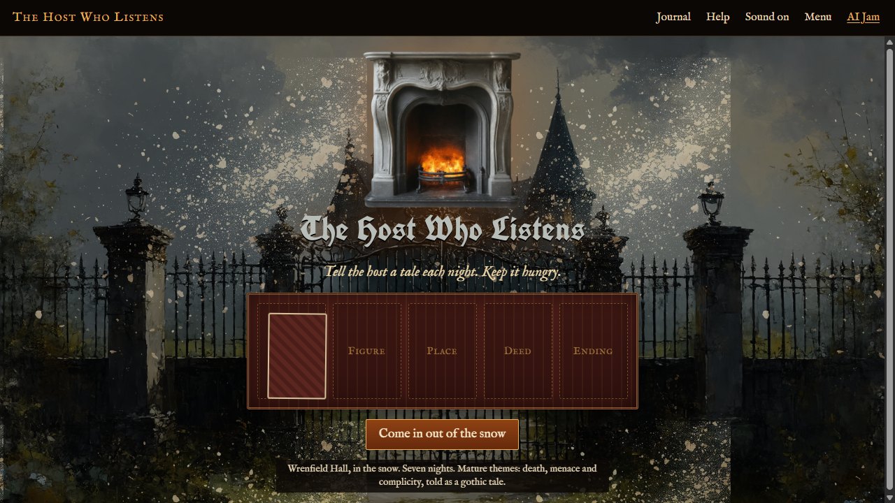 The title screen: a fireplace above the gates of a snowbound hall, the title The Host Who Listens in a blackletter face, a five-slot rug and the button Come in out of the snow.