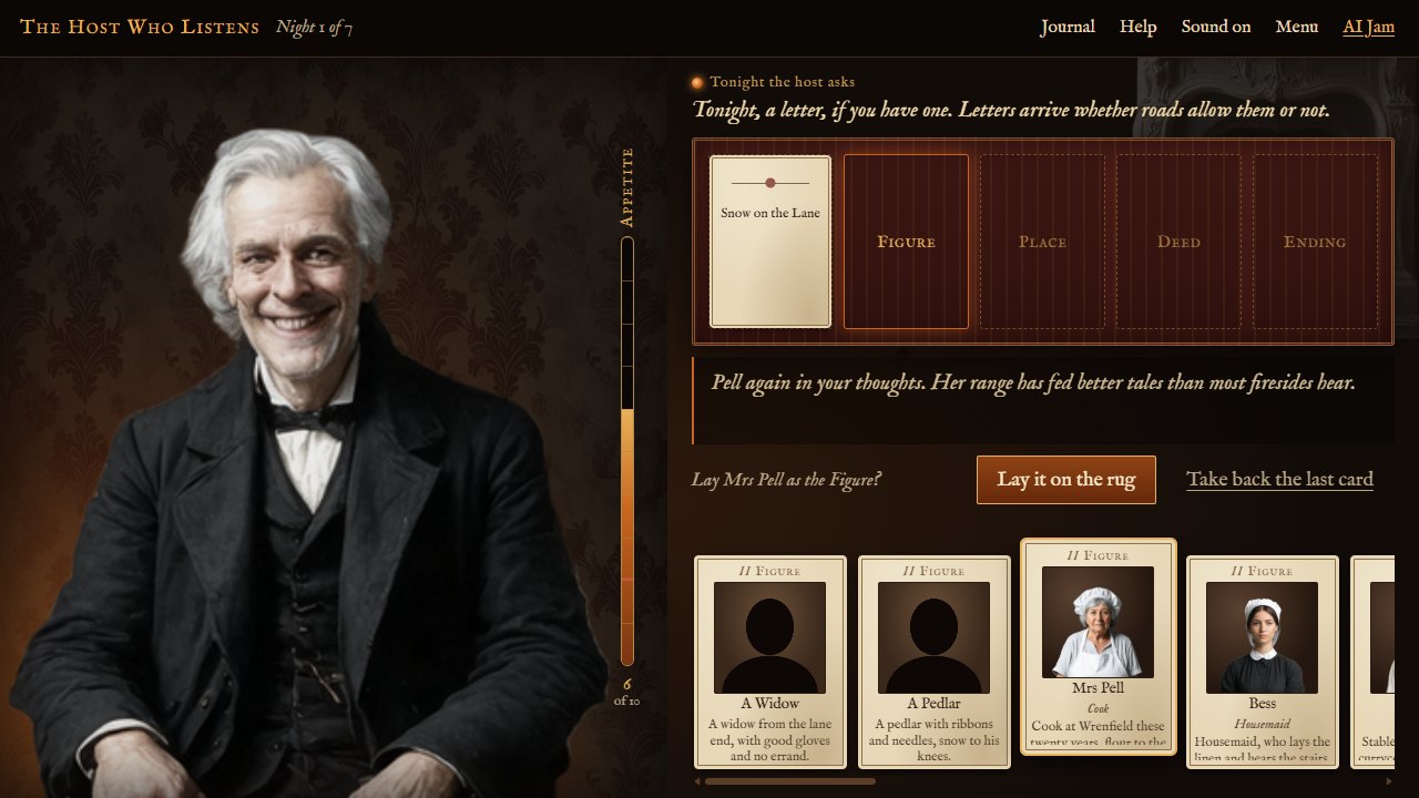 A painted grey-haired gentleman in a black coat smiles from the firelit left half of the screen. On the right, a red rug with five card slots holds an Opening card and waits for a Figure; the host's line reads: Pell again in your thoughts. A hand of cards below includes Mrs Pell, the cook, with her portrait.