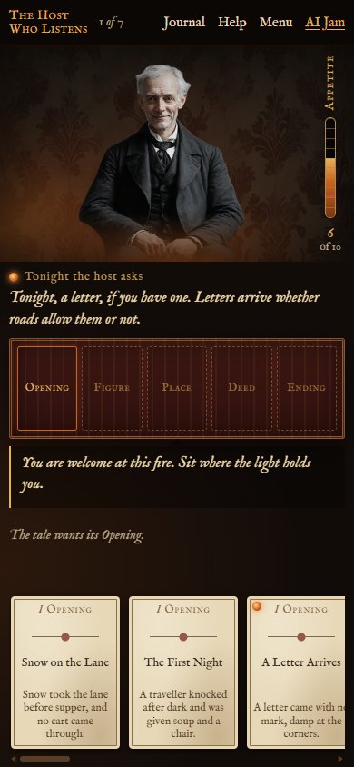 A phone-sized screen: the painted host at the top, the evening's request, the five-slot rug and the hand of cards below.