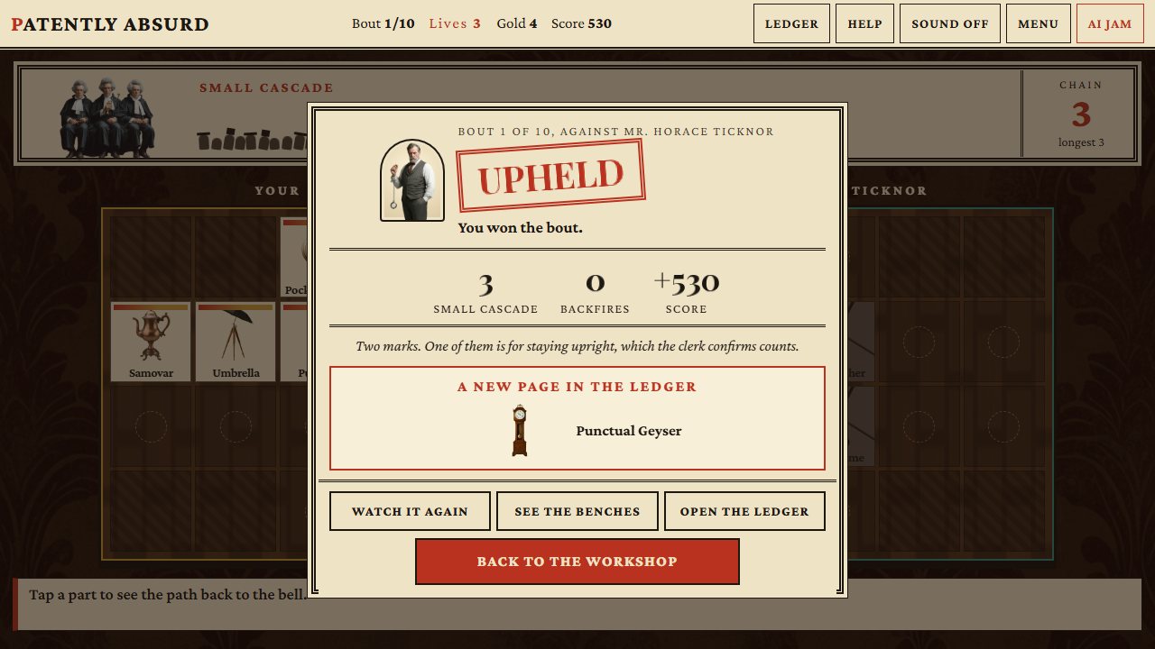 The result card: a red rubber stamp says Upheld, with the rival's portrait, a small cascade, one backfire, the score and a judges' quip, and a new Ledger page showing the two parent parts of the Grandfather Boiler.