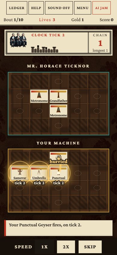 A phone-sized bout: the judges strip above the rival's bench, your machine below it with a part flashing and the word hurried over a row of parts, and the speed buttons at the foot.