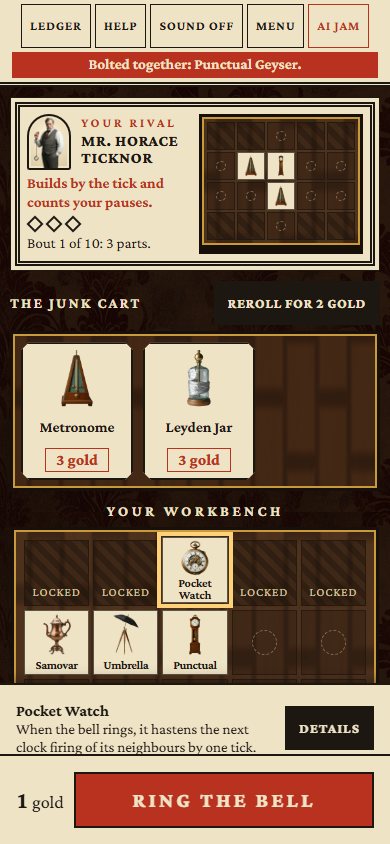 A phone-sized workshop: the rival's card with his portrait and a small picture of his bench, the junk cart with two parts, your bench with twelve open cells, and a Ring the bell button at the foot of the screen.