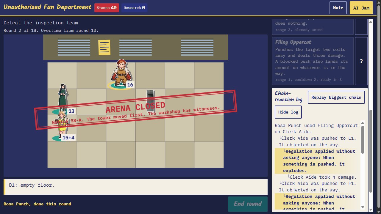 A battle with the chain-reaction log open, a line in it marking where the posted regulation applied itself. Board, round 2: party Rosa Punch on C1, Ivy Bloom on A2, Mabel Check on A3; opponents . Visible text: 40 0 / Defeat the inspection team / D1: empty floor. / End round / Chain-reaction log / Rosa Punch used Filing Uppercut on Clerk Aide. / Clerk Aide was pushed to E1. It objected on the way. / Regulation applied without asking anyone: When something is pushed, it explodes. / Clerk Aide took 4 damage. / Clerk Aide was pushed to F1. It objected on the way.