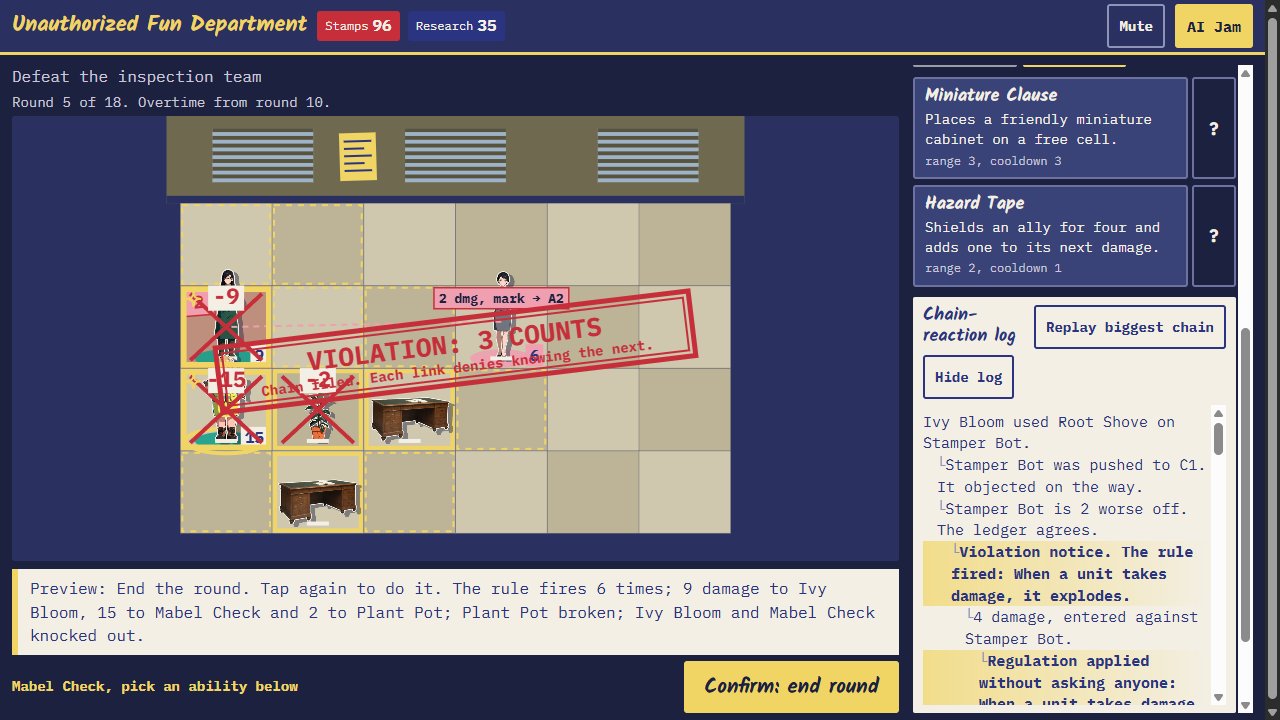 A battle mid-chain: the red VIOLATION stamp across the board after the posted regulation fired 3 times, enemy intent labels on the board and the chain-reaction log on the right. Board, round 5: party Ivy Bloom on A2, Mabel Check on A3; opponents Clerk Aide on D2. Visible text: 96 35 / Defeat the inspection team / Preview: End the round. Tap again to do it. The rule fires 6 times; 9 damage to Ivy Bloom, 15 to Mabel Check and 2 to Plant Pot; Plant Pot broken; Ivy Bloom and Mabel Check knocked out. / Confirm: end round / Chain-reaction log / Ivy Bloom used Root Shove on Stamper Bot. / Stamper Bot was pushed to C1. It objected on the way. / Stamper Bot is 2 worse off. The ledger agrees. / Violation notice. The rule fired: When a unit takes damage, it explodes. / 4 damage, entered against Stamper Bot. / Regulation applied without asking anyone: When a unit takes damage, it explodes.