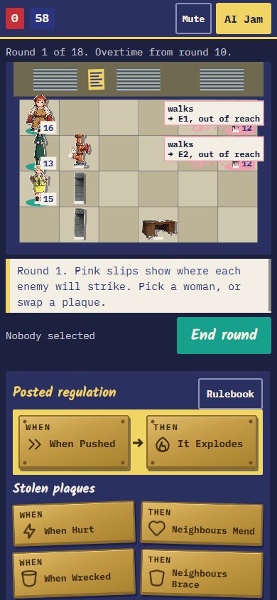 A battle on a phone (390 by 844): the board with enemy intent labels above the party and ability controls. Board, round 1: party Rosa Punch on A1, Ivy Bloom on A2, Mabel Check on A3; opponents Filing Sentry on F1, Filing Sentry on F2. Visible text: 0 58 / Round 1. Pink slips show where each enemy will strike. Pick a woman, or swap a plaque. / End round / Posted regulation / WHEN When Pushed → THEN It Explodes