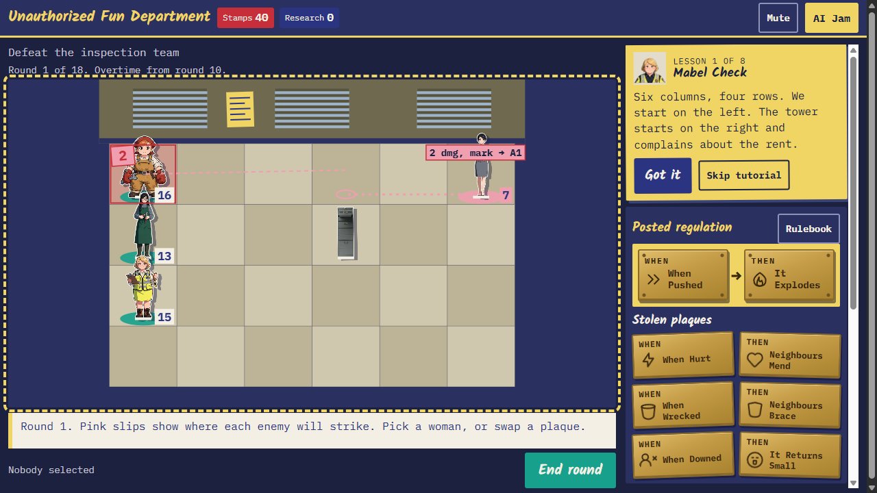 Three women stand on a six by four board. Each enemy shows what it will do next, with the damage and the cells it will hit, and the posted regulation (a WHEN plaque and a THEN plaque) sits on the right.
